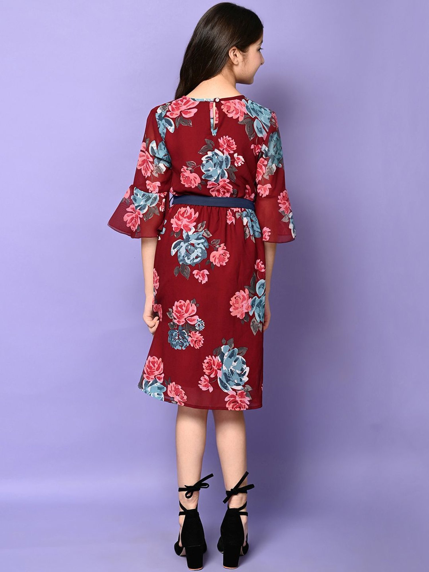 LilPicks Kids Maroon & Sky Blue Floral Print Dress