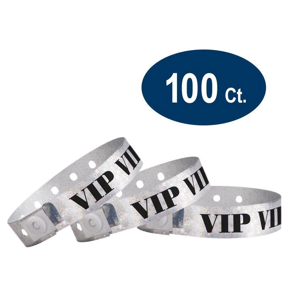 WristCo Holographic Silver VIP Plastic Wristbands - 100 Pack Wristbands For Events