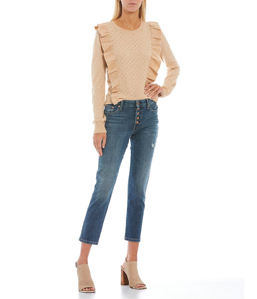 Sugarlips Pointelle Waterfall Ruffle Long Sleeve Crew Neck Sweater