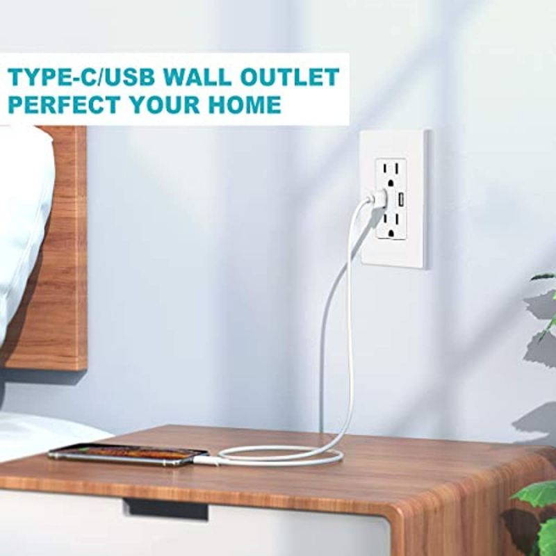 USB C outlet PD Power Delivery Duplex Receptacle 4.8A, Duplex Receptacle In-Wall Charger with 15 Amp, 125 Volt Tamper-Resistant Outlet, White Not for laptops (USB c PD 1pack)