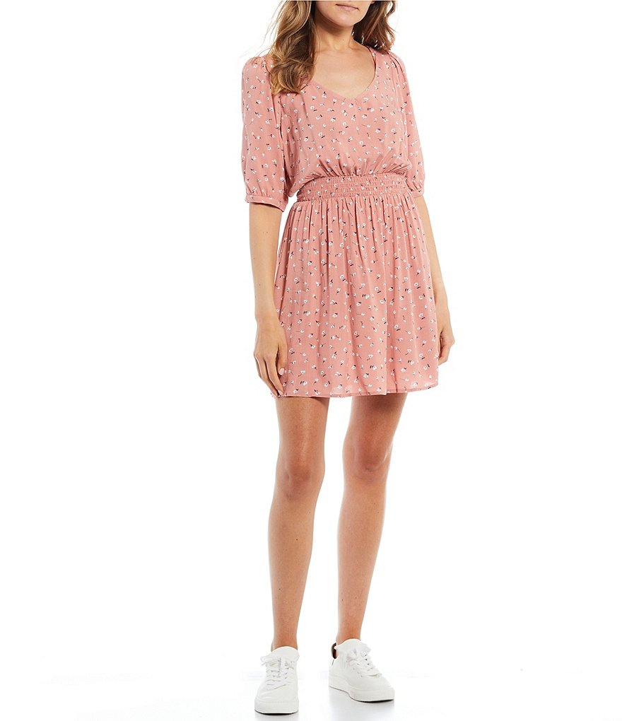 Copper Key Short Sleeve Ditsy Print Smocked Waist Dress