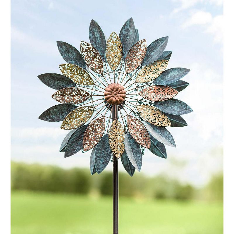 Wind & Weather Metal Wind Spinner with Patina-Like Blue, Golden and Bronze-Colored Leaves with Intricate Filigree Cutouts
