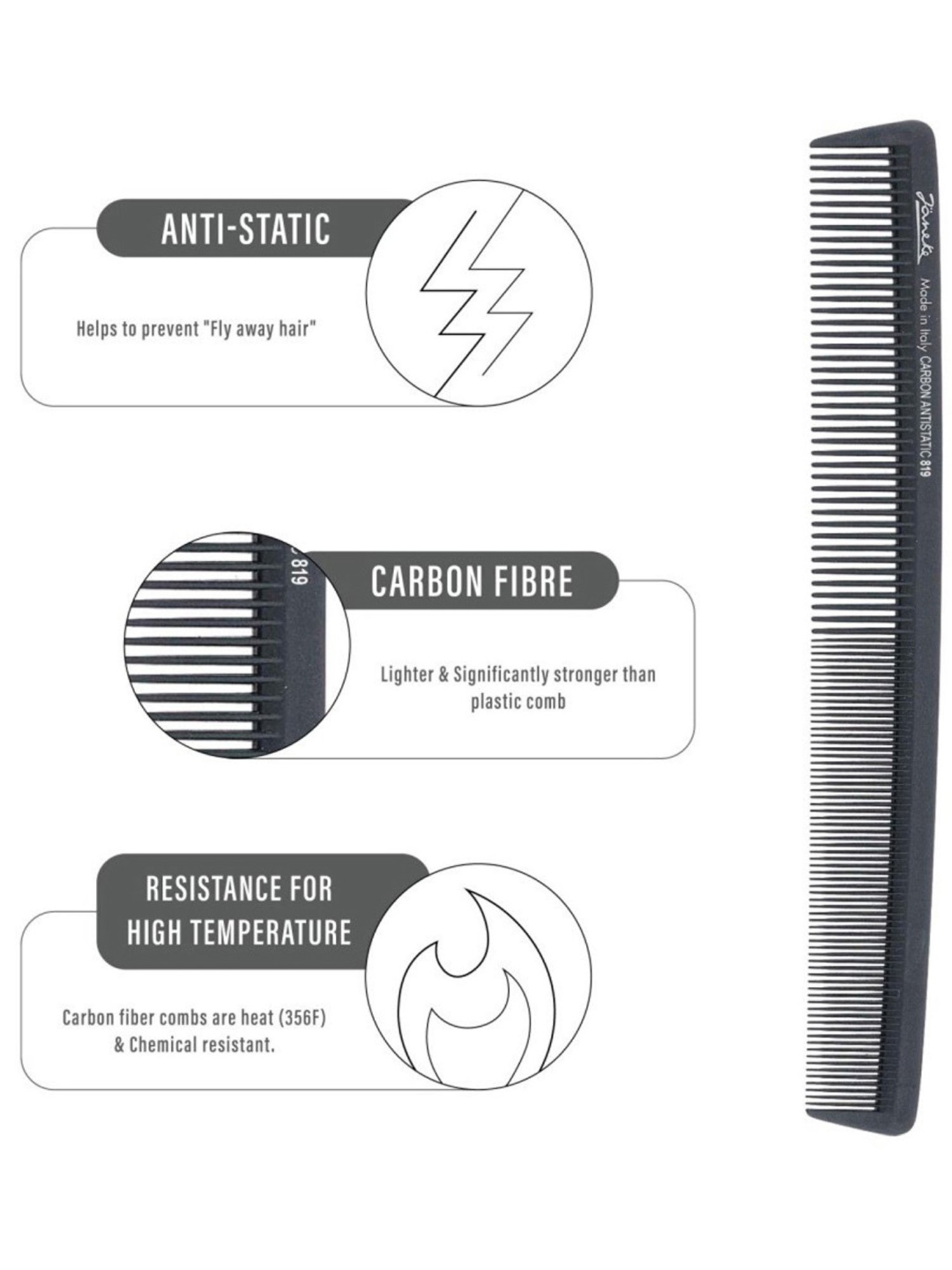 Janeke 1830 Professional Carbon Fibre Wide & Fine Teeth Waving Carbon Anti-Static Hair Comb - 22 cm