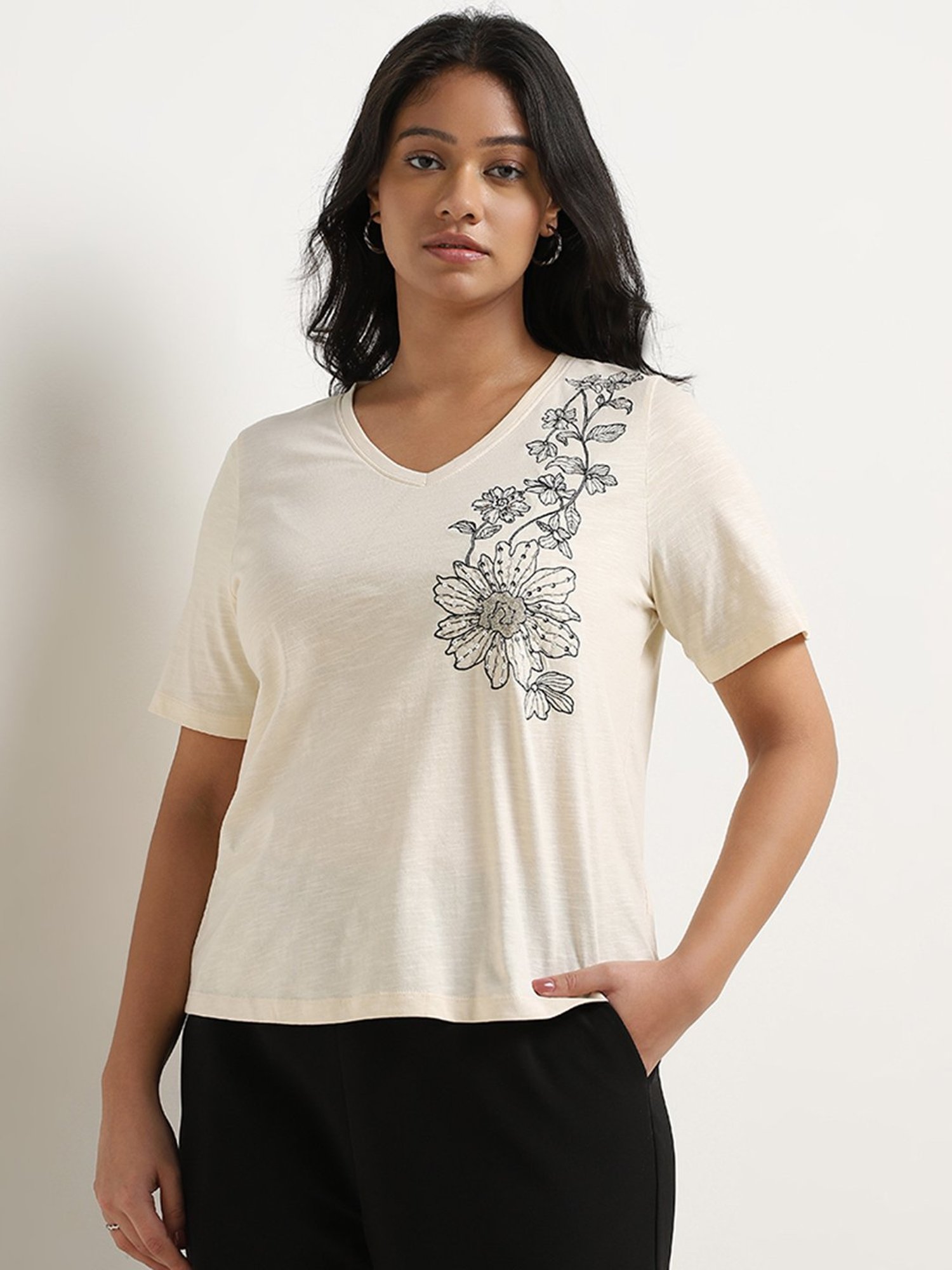 Gia by Westside Cream Floral Embroidered Cotton T-Shirt