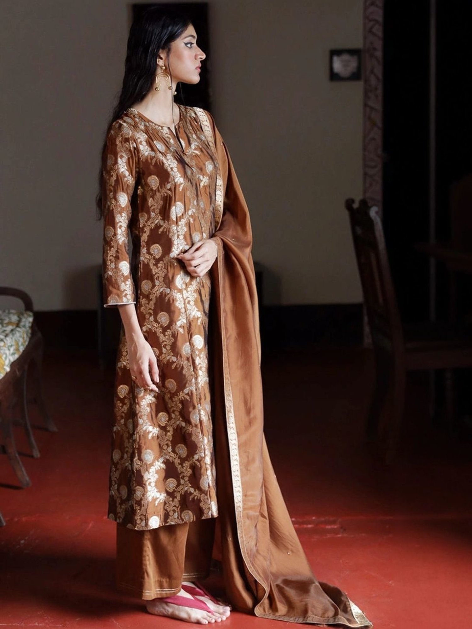 Ganga Fashions Argan Oil Brown Woven Silk Kurta with Salwar and Dupatta
