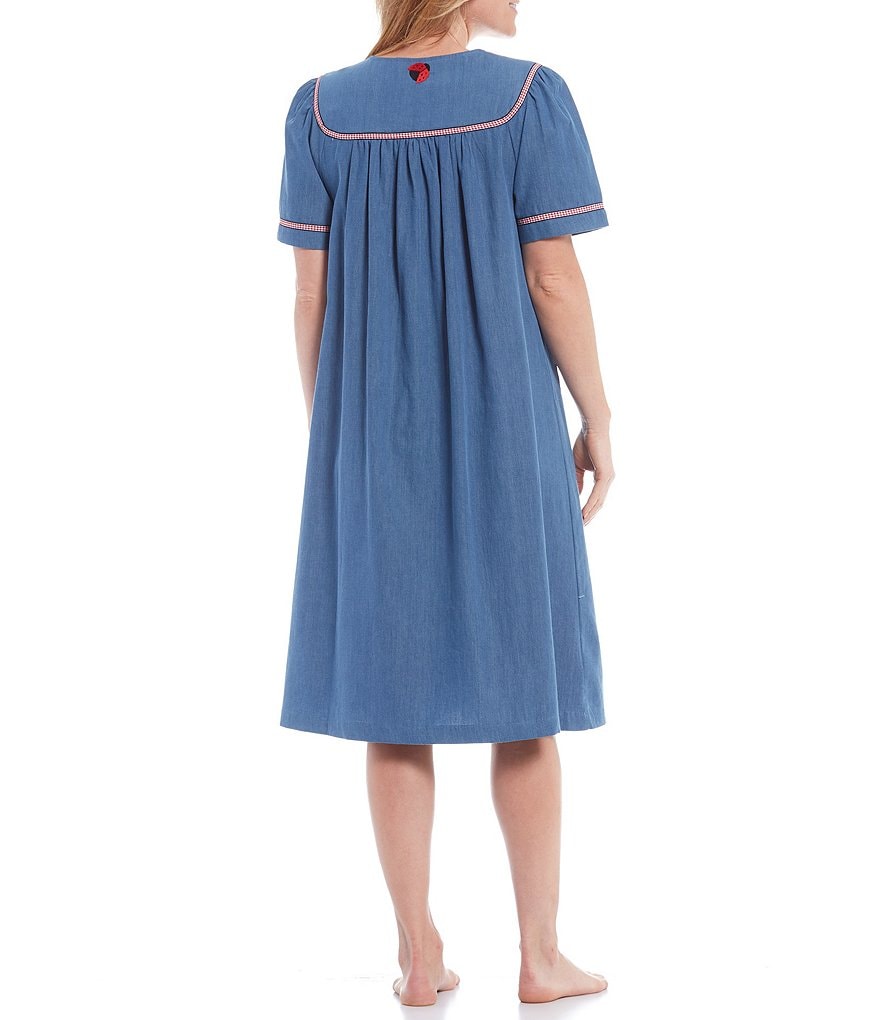 Go Softly Ladybug Embroidery Denim Snap-Front Patio Dress