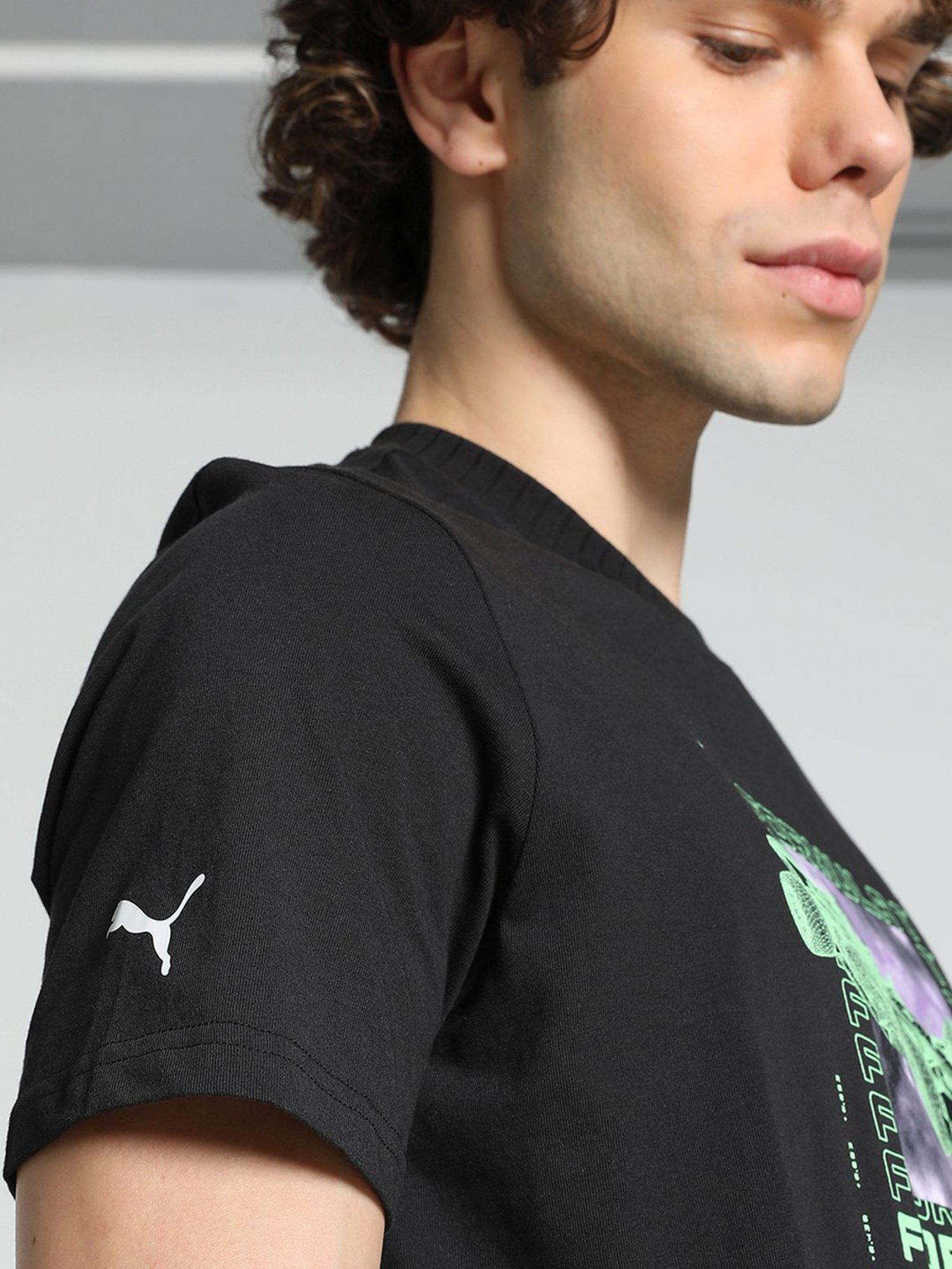 Puma Black Cotton Regular Fit Printed T-Shirt