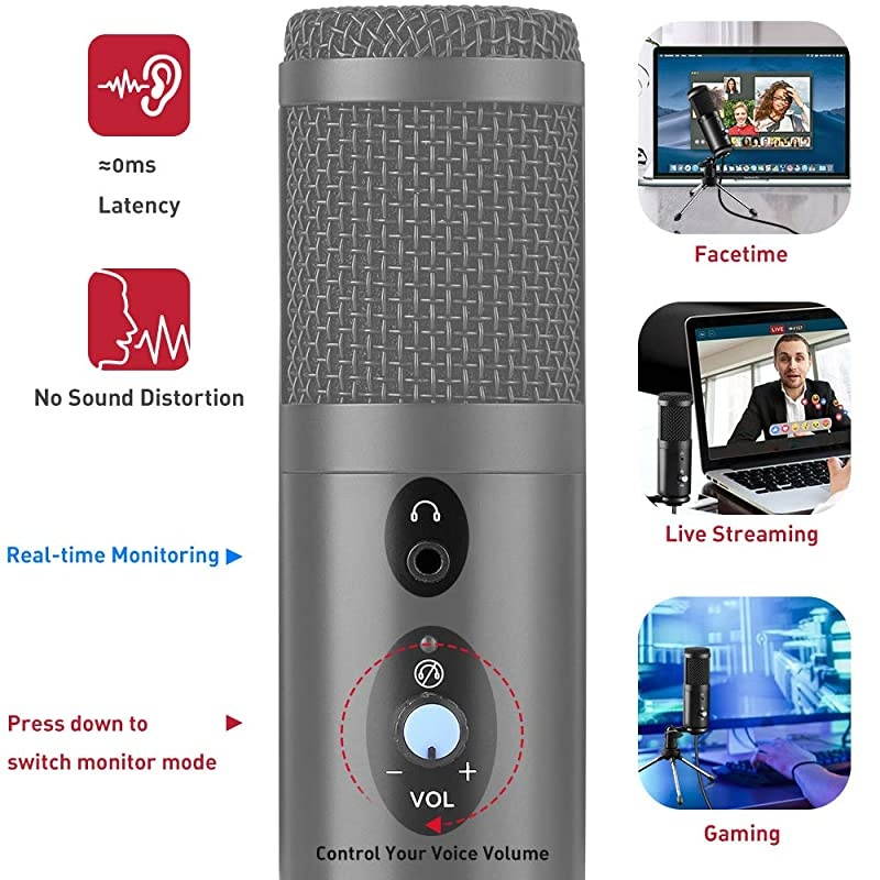 Microphone with Headphone Monitor Jack for Mac & Windows Computer Mic for Recording,Streaming,Voiceover,Gaming,Podcasting Video for YouTube Skype Chat with Adjustable Desktop Tripod & 2.0