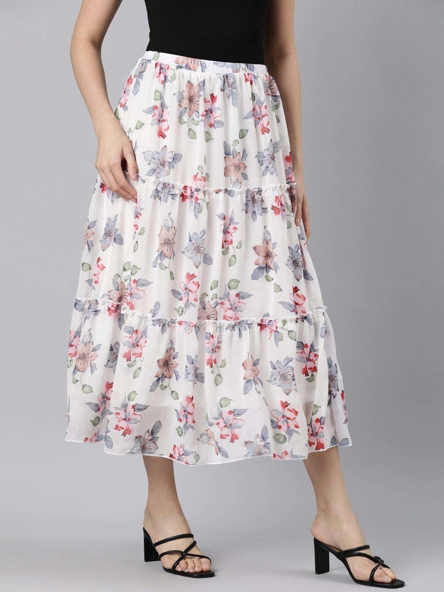 TWIN BIRDS White Floral Print A-Line Skirt