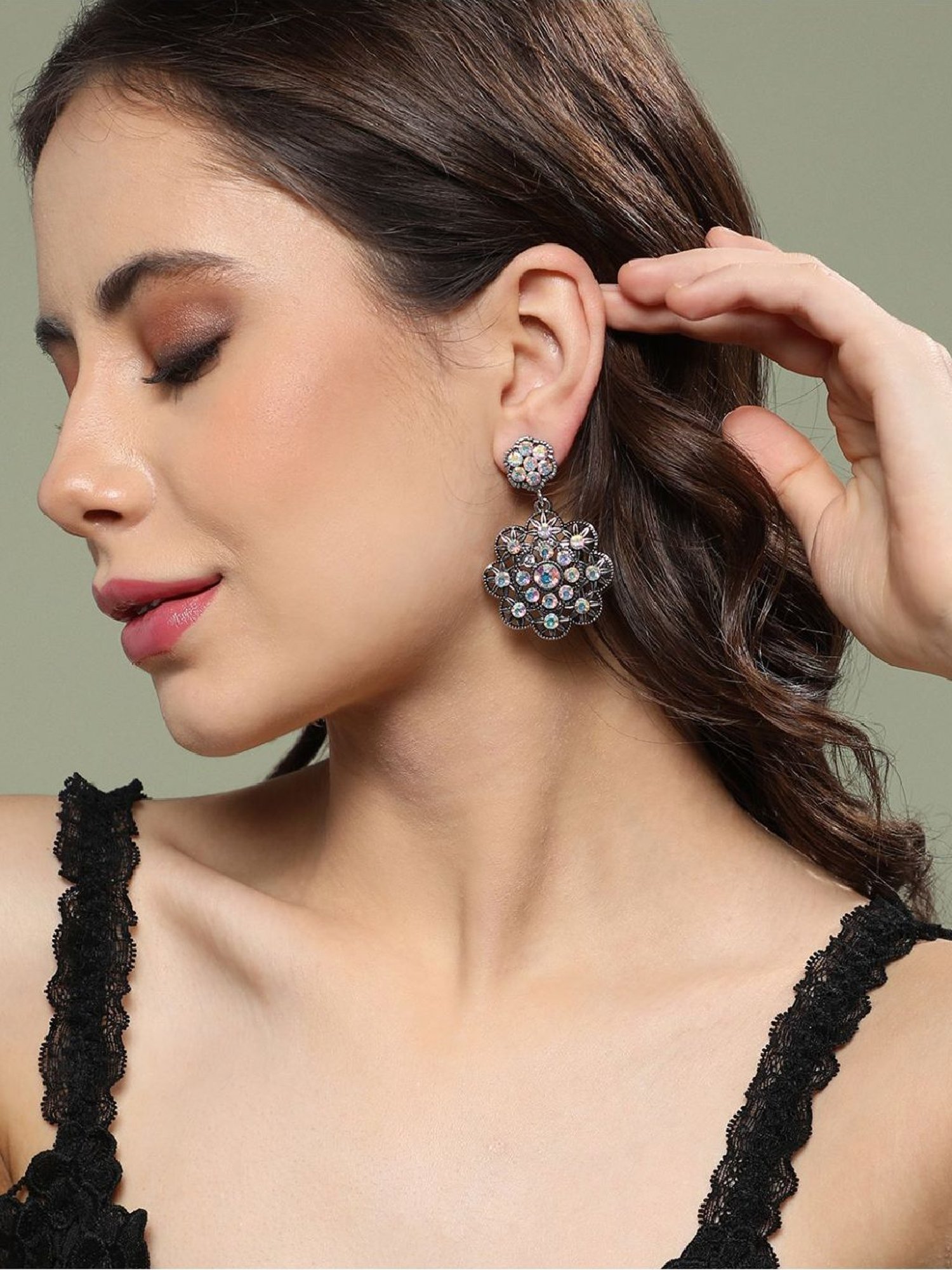 Sohi Women's Clustered Flora Drop Earrings  Chalice Silver