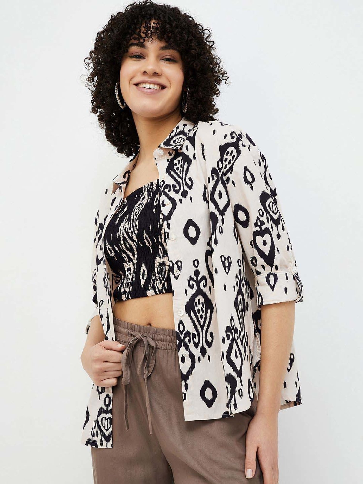 Colour Me by Melange Black & Off-White Cotton Printed Crop Top With Jacket