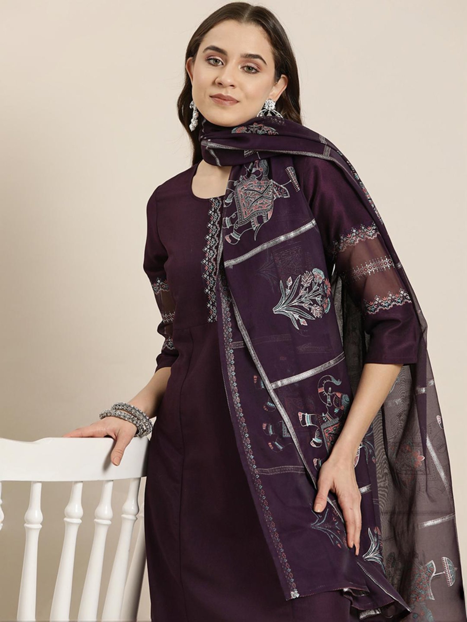 Ziyaa Purple Printed A-Line Dress With Dupatta