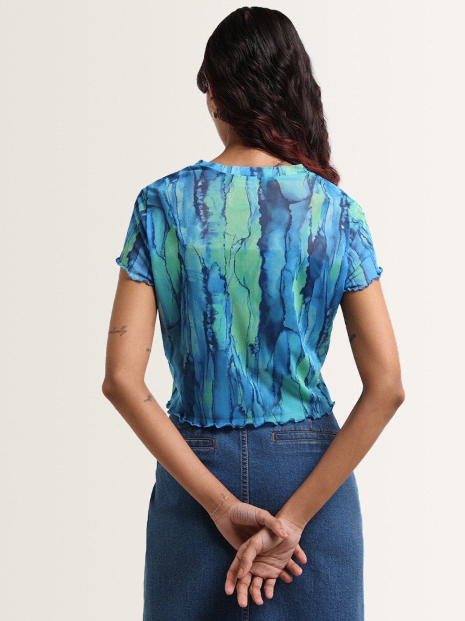 Nuon by Westside Blue Abstract Printed Crop Top