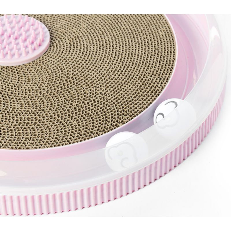 PawsMark Pink 4 in 1 Interactive Round Cat Scratcher, Lounge, Toy and Brush