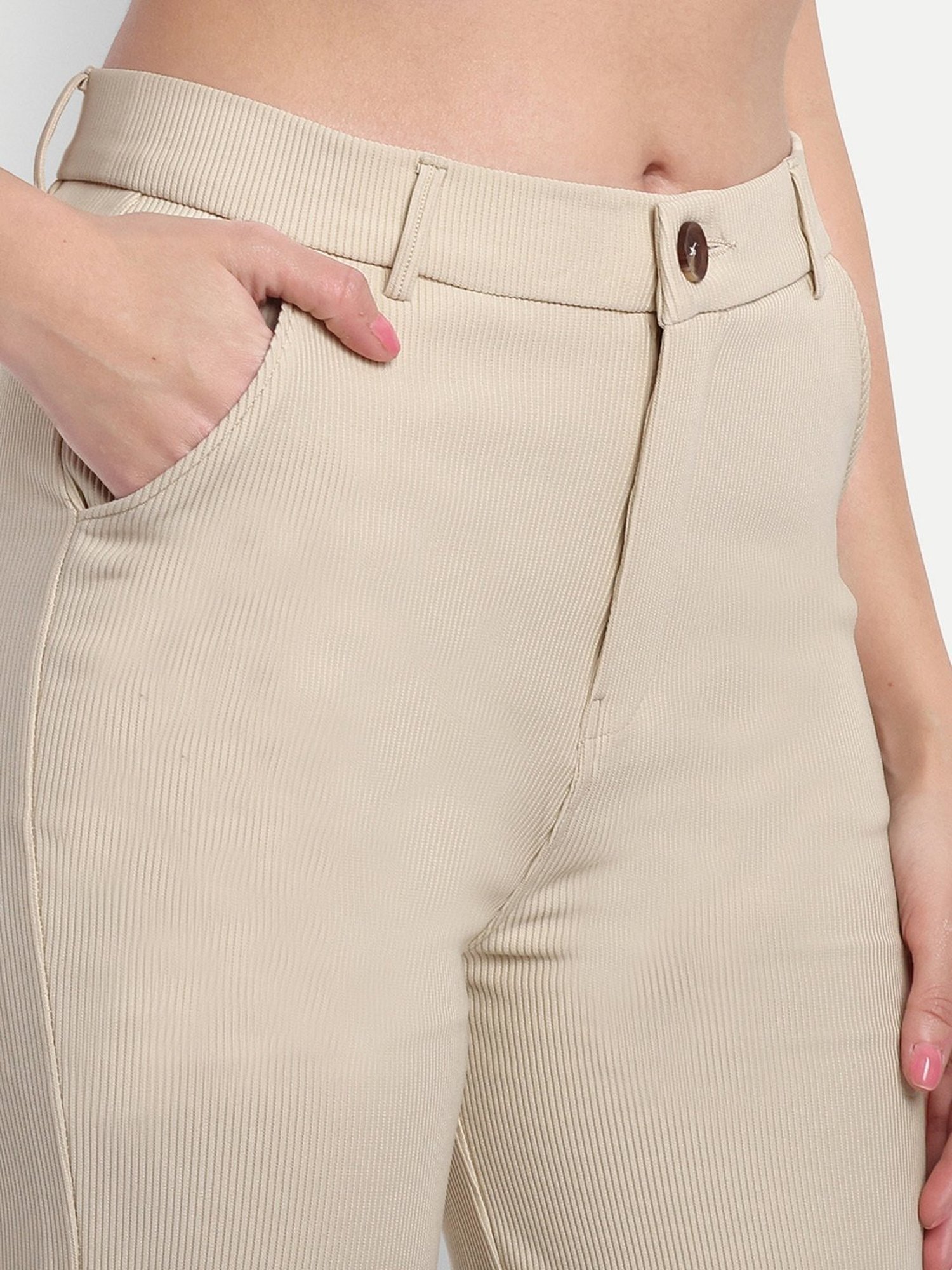 Broadstar Beige Straight Fit High Rise Corduroy Trousers