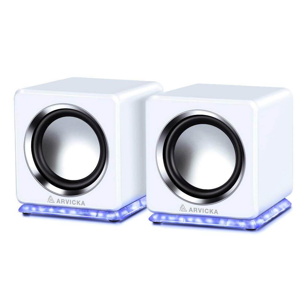 ARVICKA Blue LED USB Speakers- Wired Laptop Speakers 2.0 Channel Small Computer Desktop Speakers for PC, Echo Dot, Updated Version, White