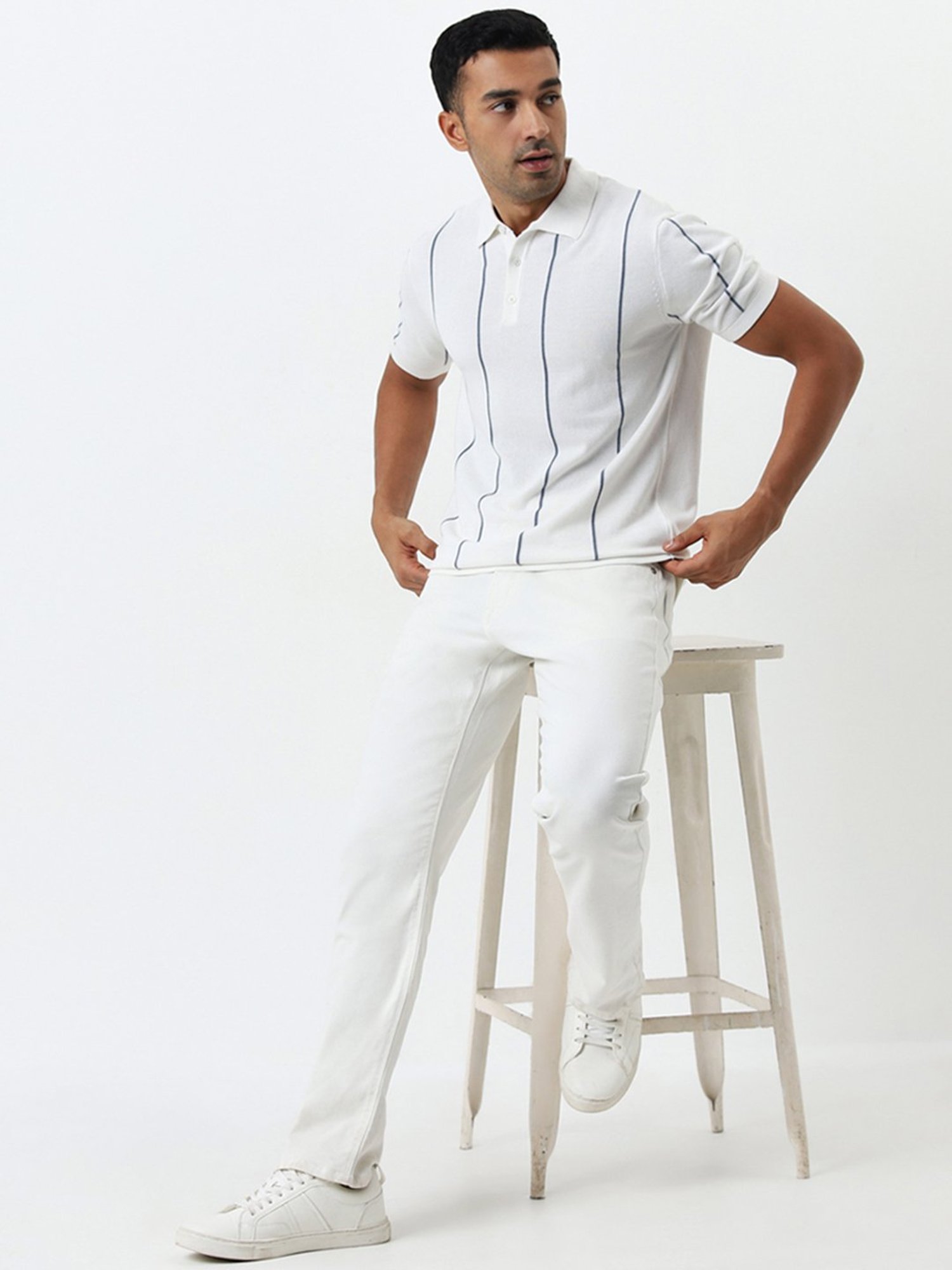 Ascot by Westside White Stripe Pattern Relaxed-Fit Cotton Polo T-Shirt