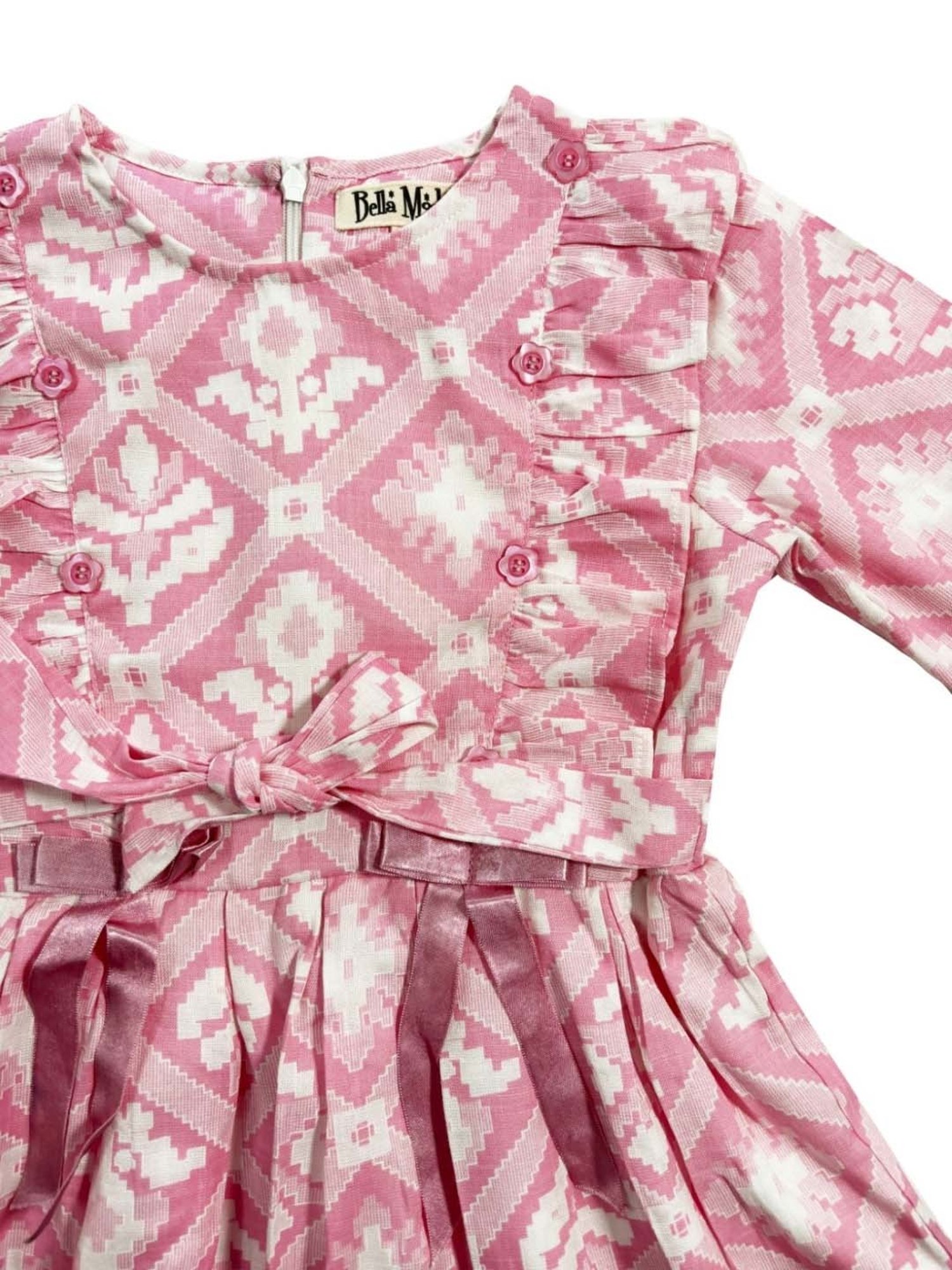 Bella Moda Kids Pink Cotton Printed Full Sleeves Dress