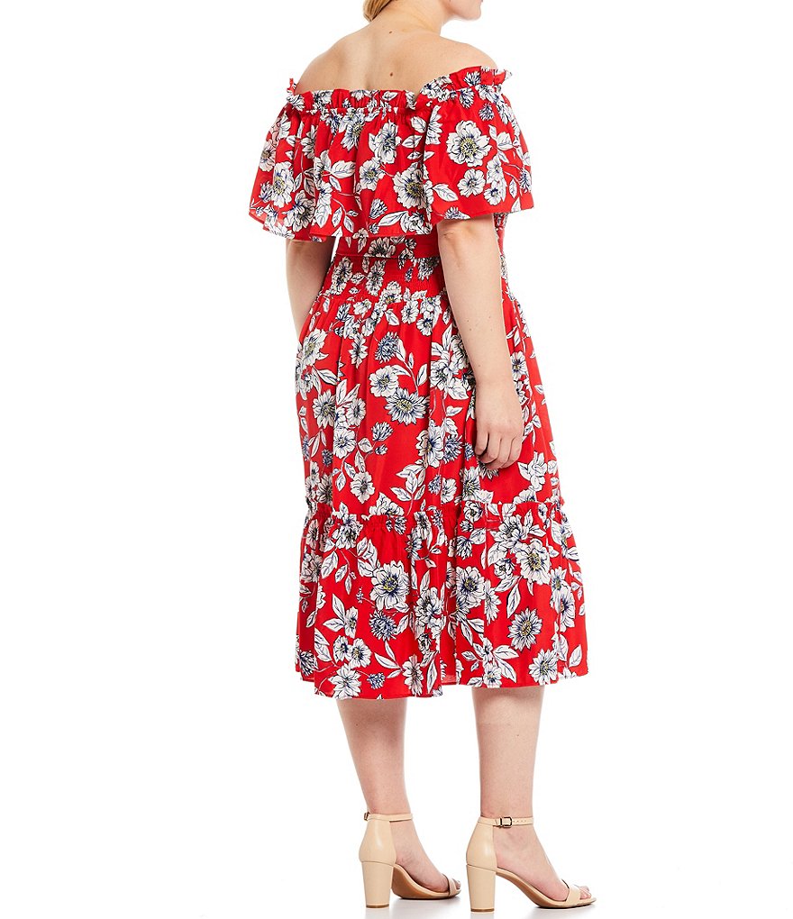 Eliza J Plus Size Off-the-Shoulder Short Sleeve Smocked Waist Floral Dress