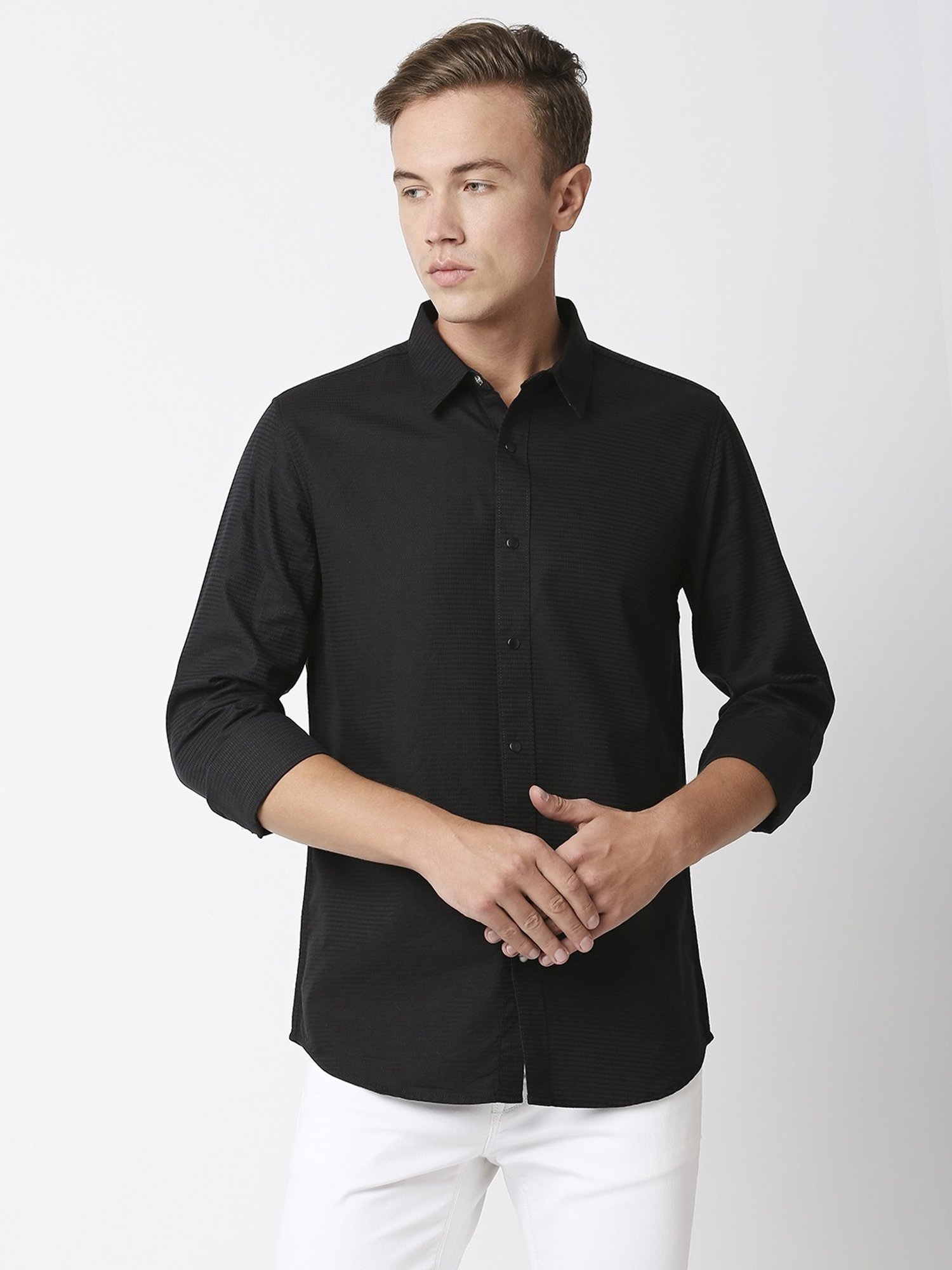 SOLEMIO Black Cotton Slim Fit Self Pattern Shirt