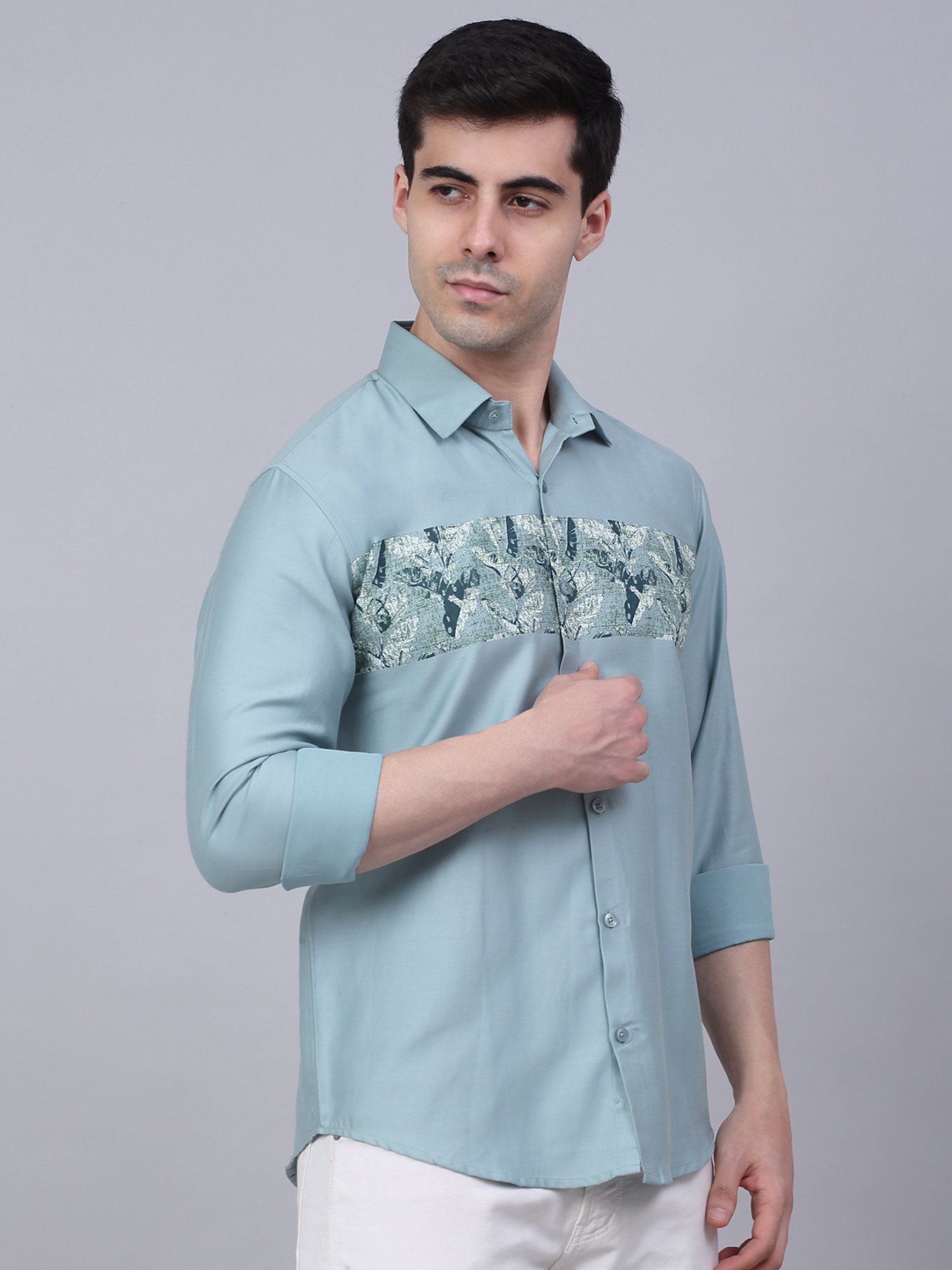 Jainish Dusty Blue Regular Fit Printed Shirt