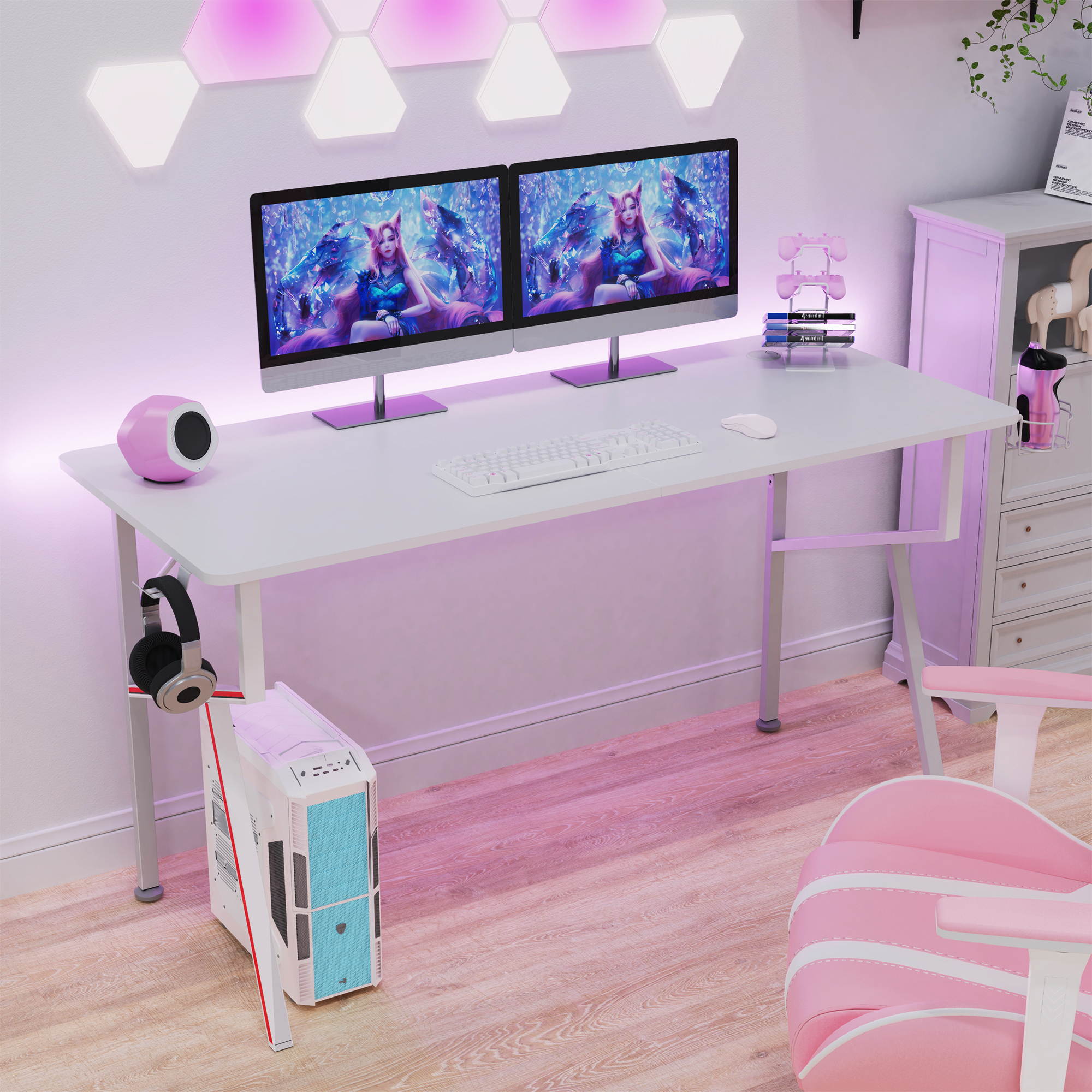 EUREKA ERGONOMIC Gaming Desk 55" K Shaped Large Home Office Gaming Computer Table, with Controller Stand Cup Holder Headphone Hook Free Mousepad, White