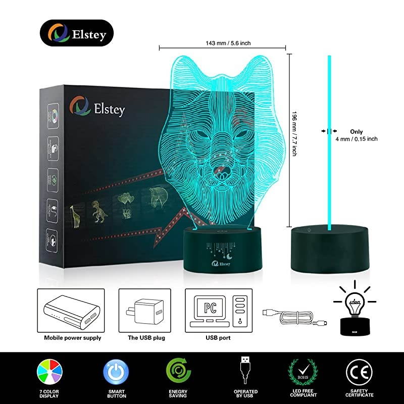 Animals Wolf 3D Night Light Touch Table Desk Lamps  7 Color Changing Lights with Acrylic Flat amp ABS Base amp USB Cabler