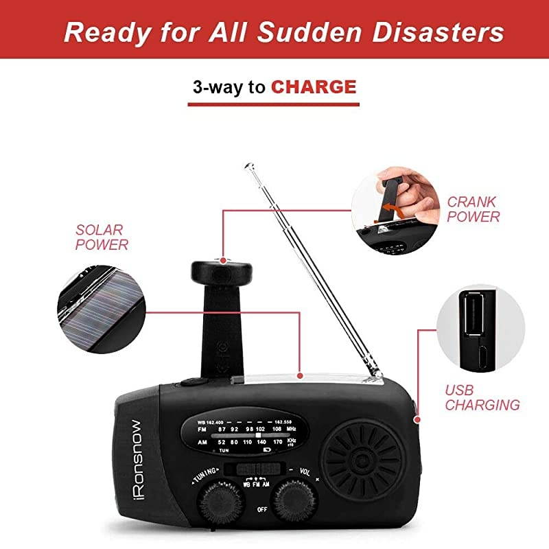Upgraded 2000mAh?  Solar Emergency NOAA Weather Radio Dynamo Hand Crank Self Powered AM FM WB Radios 3 LED Flashlight 2000mAh with Charging Indicator Smart Phone Charger Power Bank (Black)