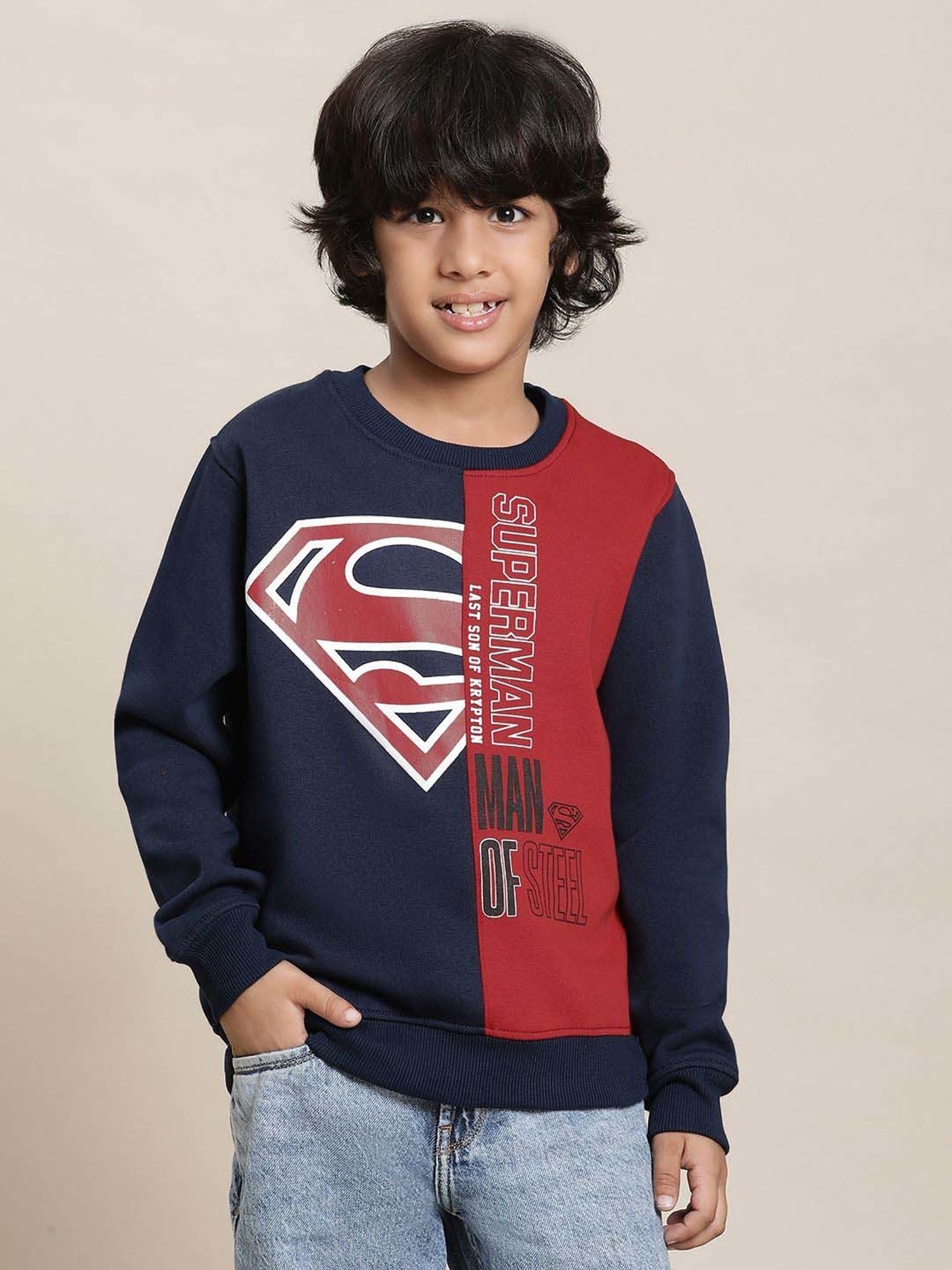 Kidsville Navy & Red Cotton Printed Full Sleeves Superman Sweatshirt