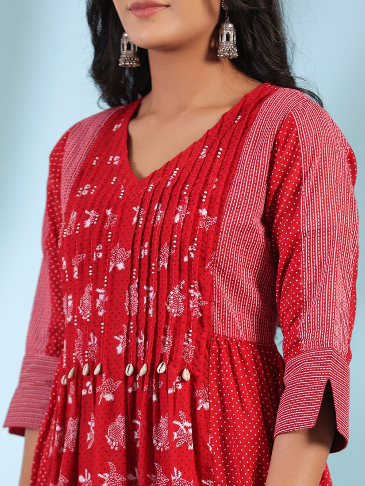 Juniper Red Ethnic Motif Cotton Voile Kurta With Pant & Dupatta With Pintucks At Front & Beadwork