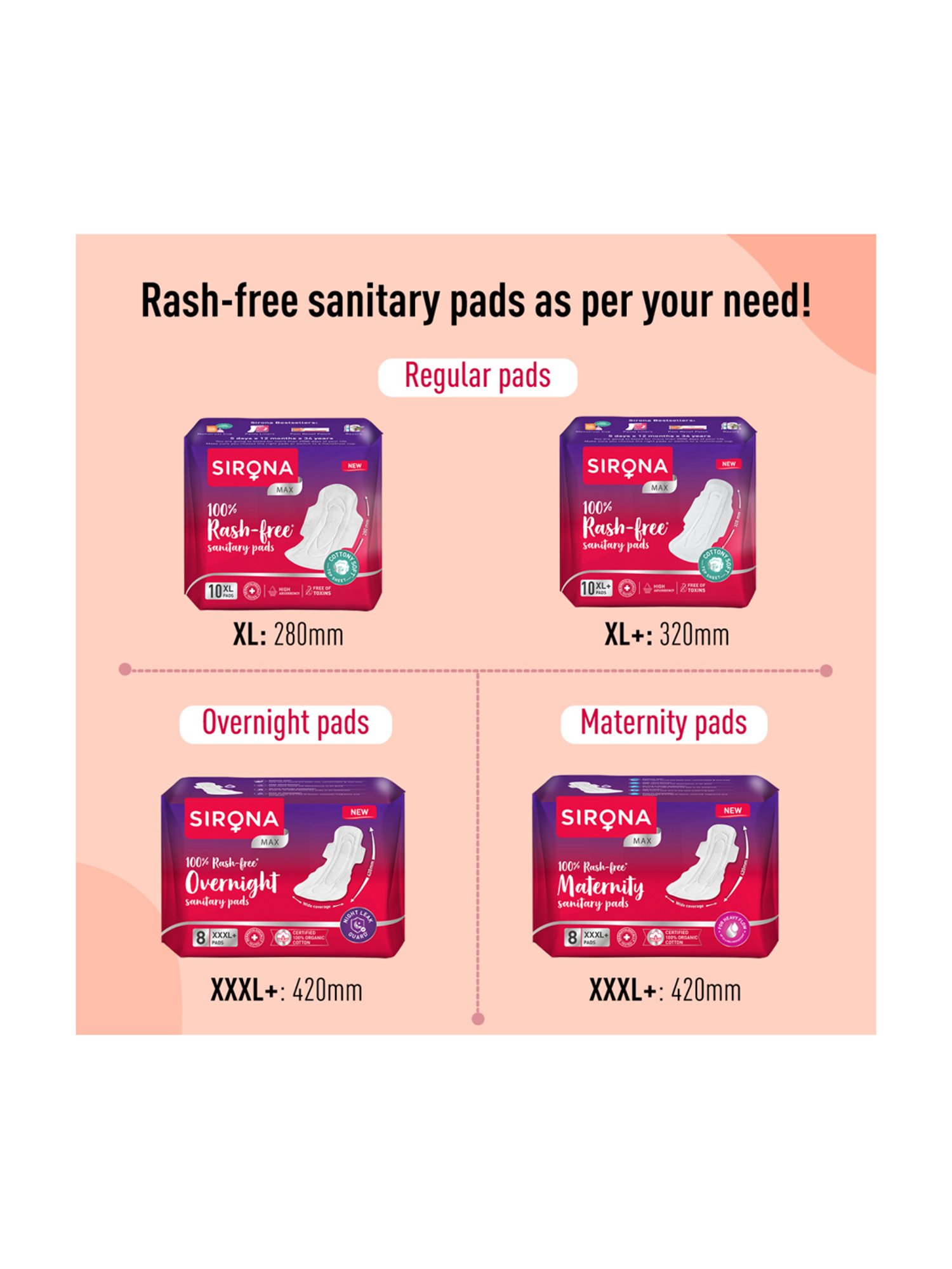 Sirona Cottony Soft Rash Free Sanitary Pads for Women Extra Large Plus - Pack of 2