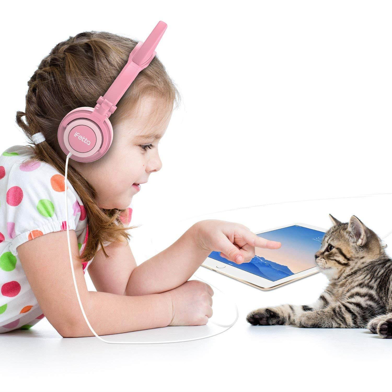 Kids Headphones, Ifecco Cat Ear Headphones Light Glowing Over Ear Headset Pink for Girls with 3.5mm Audio Cable