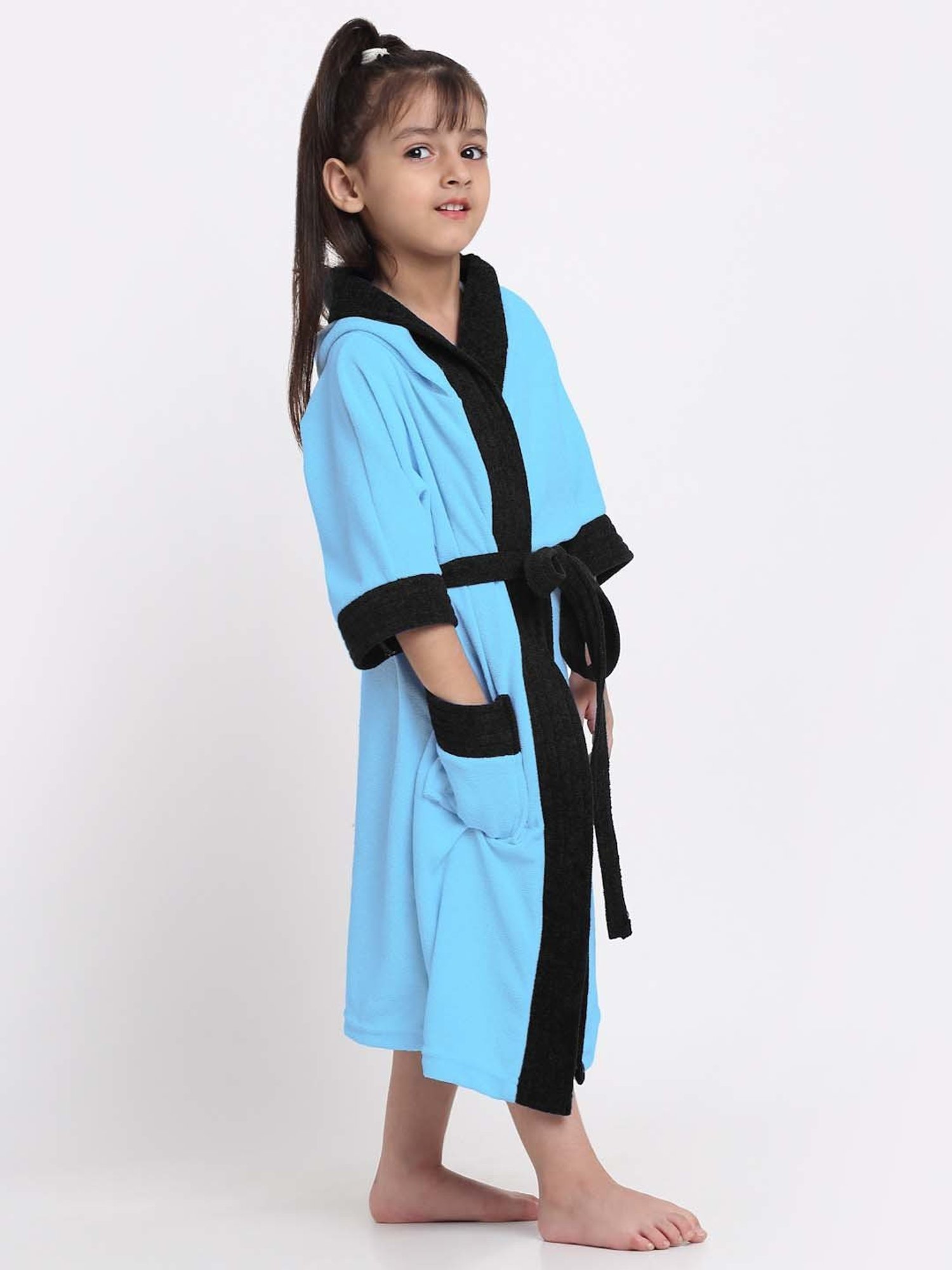 Creeva Melodious Black & Turkish Micro Terry 225 GSM Kids Hooded Bathrobe 4-5 Years With Pocket