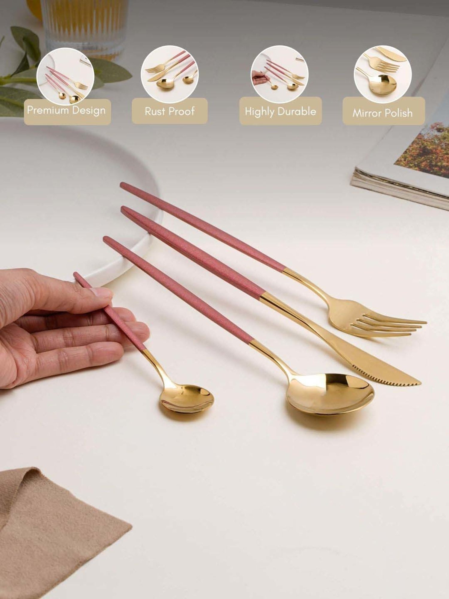 Nestasia Pink  & Golden stainless Steel cutlery set(1 Fork + 1 Knife +1 Table spoon +1 Desert spoon)