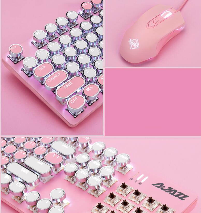 A-jazz Ergonomic Design,Cool Exterior USB Wired N-key Rollover Blue Switch Mechanical Gaming Keyboard And 2400DPI Mouse Combo For Office And Game - WhitePinkVersion