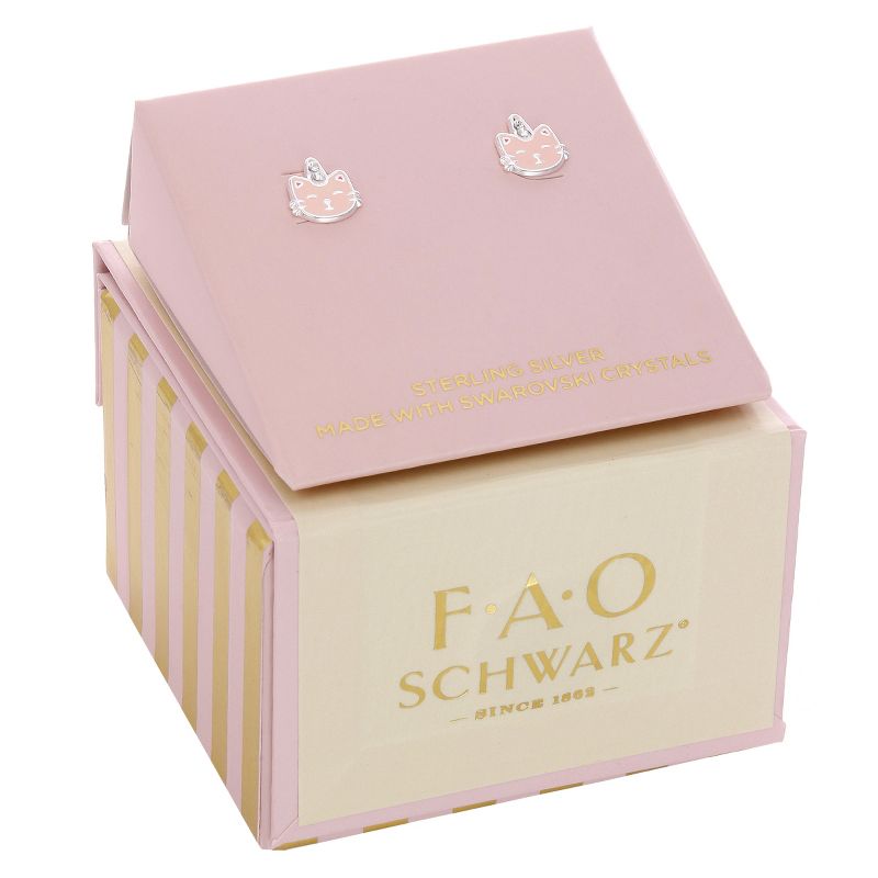 FAO Schwarz Sterling Silver Enamel Kitty Stud Earrings with Crystal Stone