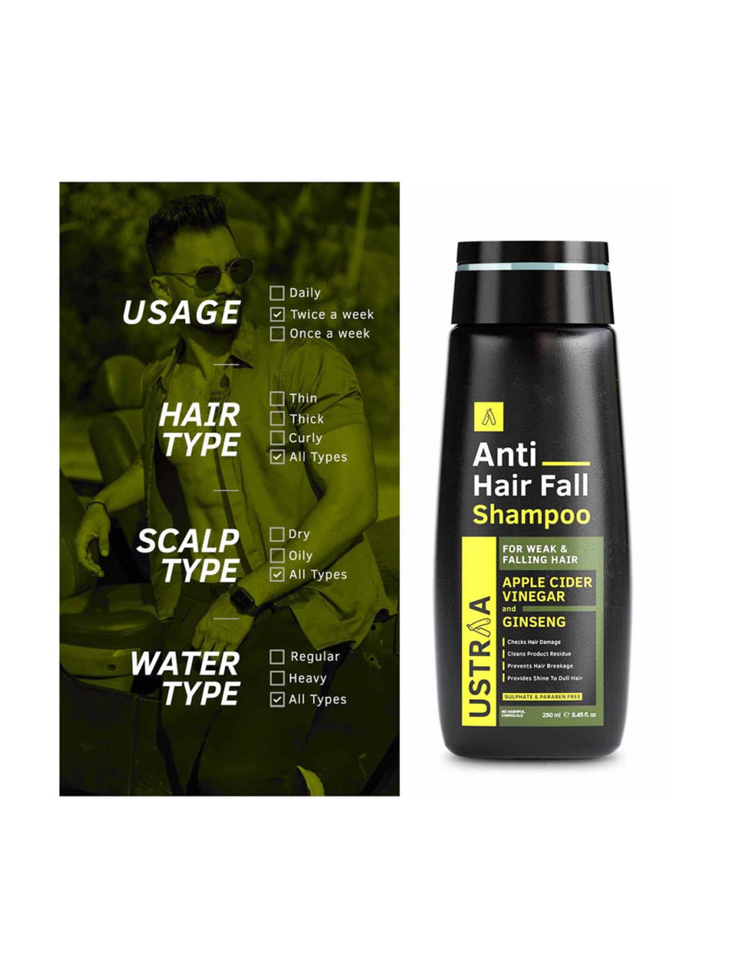 Ustraa Ayurvedic Cold Pressed Oil - 200 ml & Anti Hair Fall Shampoo - 250 ml