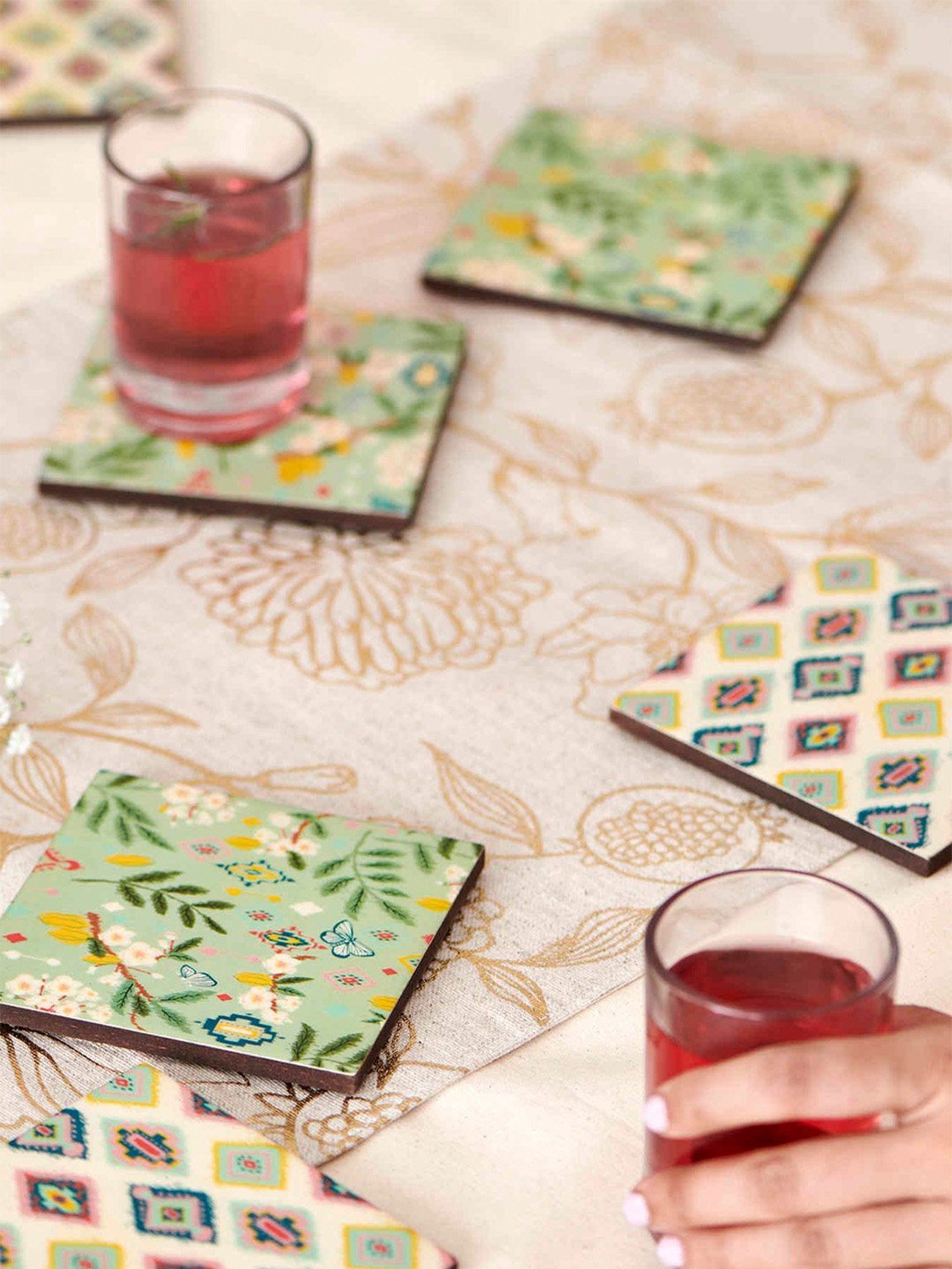 Chumbak Wooden Multicolor Coasters -Farm Garden - Set of 6
