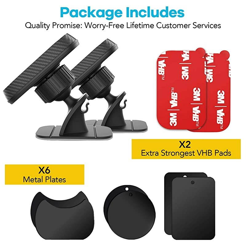 2 Pack] Magnetic Phone Car Mount,  Sturdy Stick-on Cell Phone Holder Car Built-in Amazing Strong Magnets, Hands Free Magnetic Car Phone Holder Mount with Strong VHB Adhesive Mounting