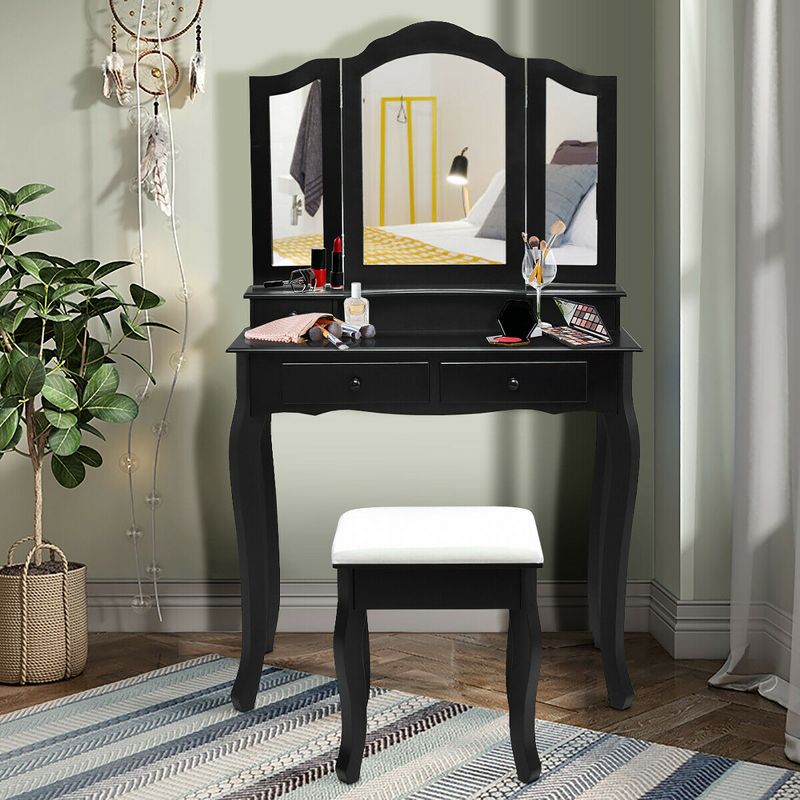 Costway Vanity Makeup Dressing Table Set W/Stool 4 Drawer&Mirror Jewelry Wood Desk Black