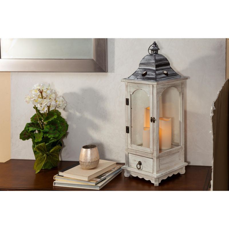 Everlasting Glow 27-Inch Tall Faded White Wood Lantern with Metal Top and Glass Windows