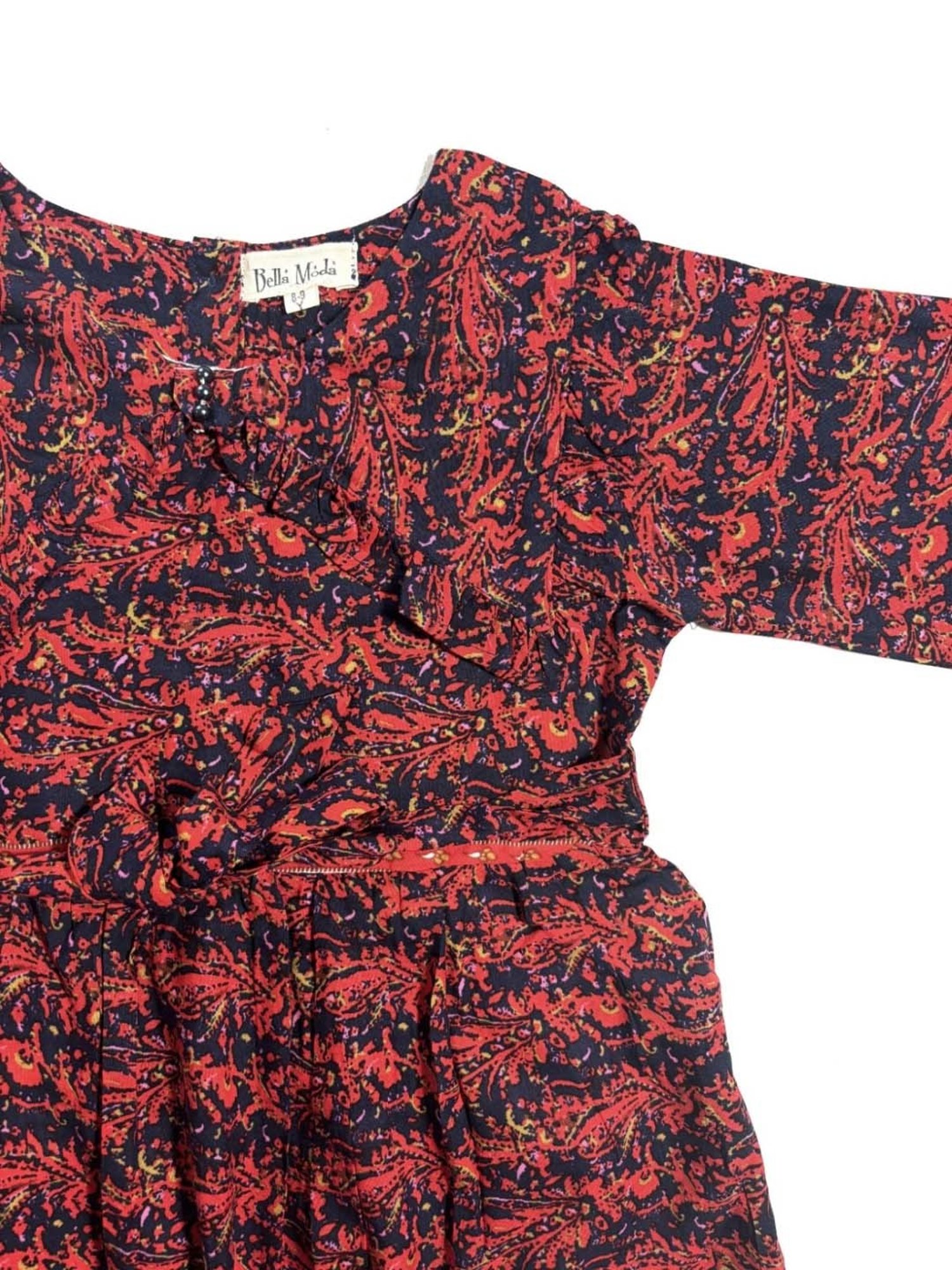 Bella Moda Kids Red & Navy Cotton Printed Full Sleeves Dress