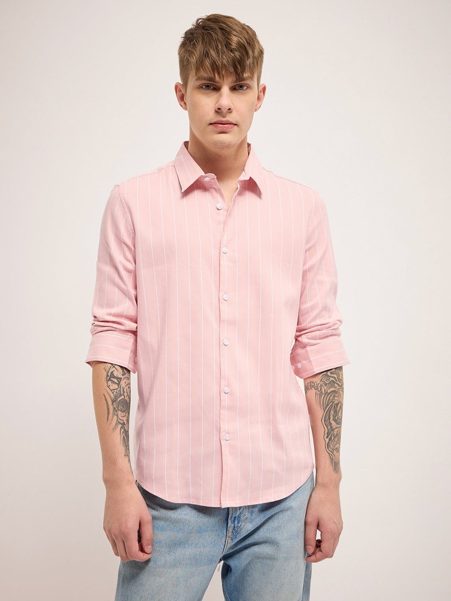The Bear House Pink Slim Fit Striped Shirt