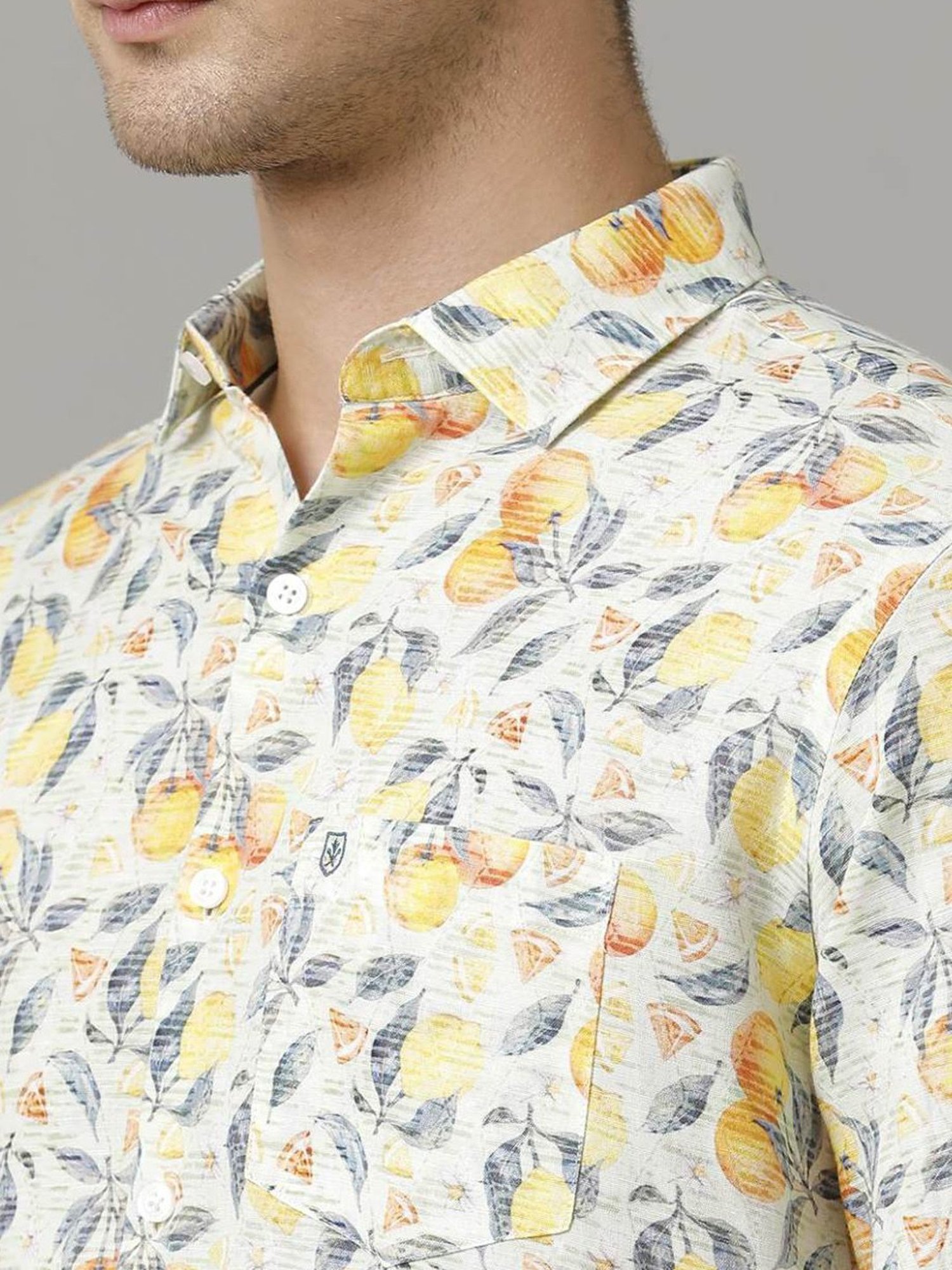 Linen Club Yellow Linen Contemporary Fit Printed Shirt