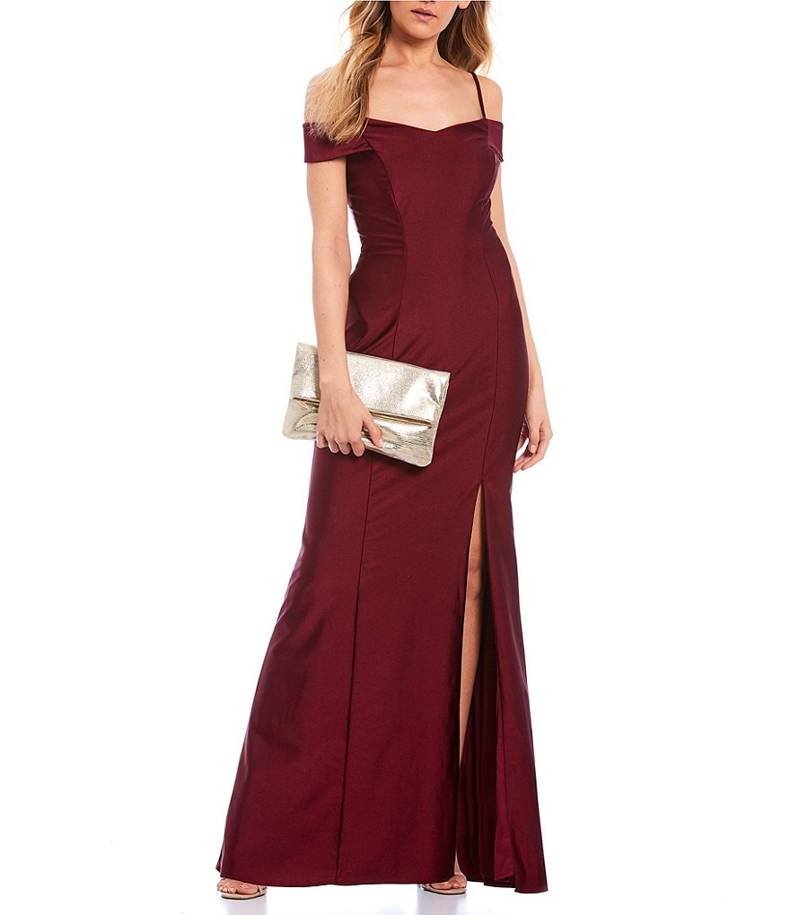 Morgan & Co. Off-The-Shoulder X-Back Side Slit Power Sateen Long Dress