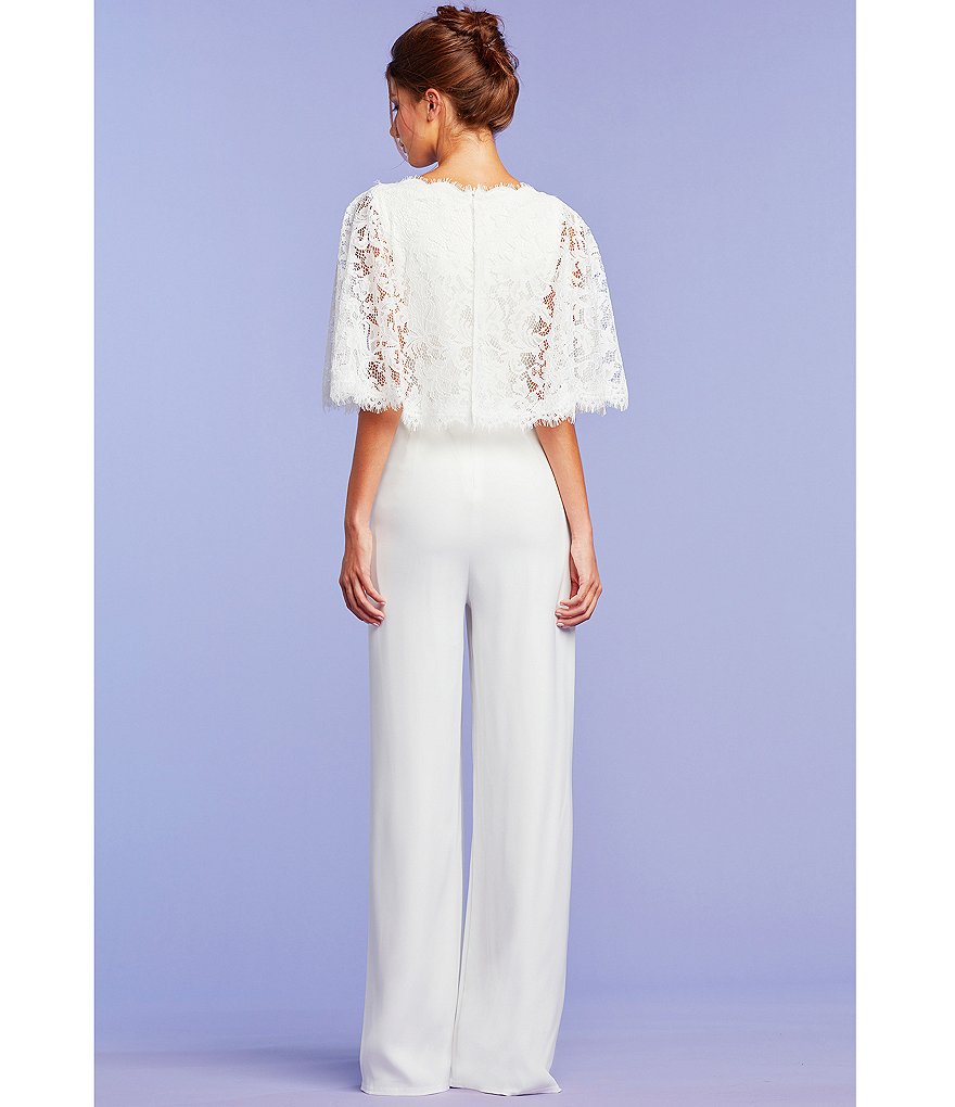 Tadashi Shoji Deep V-Neck Lace Caplet Bridal Jumpsuit