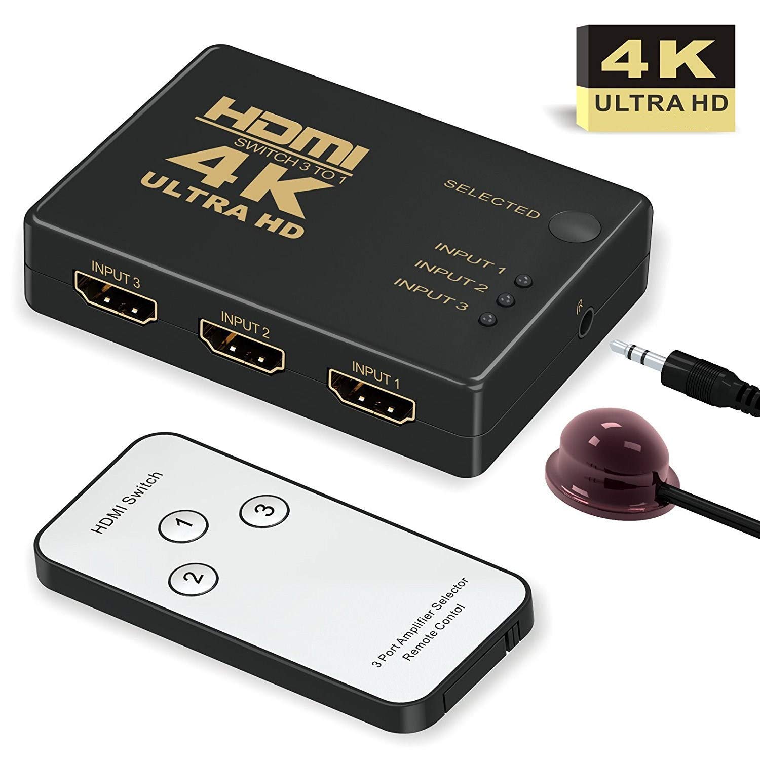 HDMI Switch 4k, Nurbenn Intelligent 3-Port HDMI Switcher,Splitter, Supports 4K, Full HD1080p, 3D with IR Remote