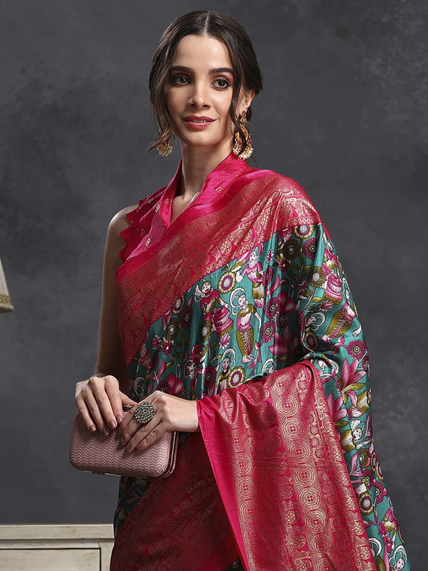 Saree Mall Blue & Pink Silk Printed Saree With Unstitched Blouse