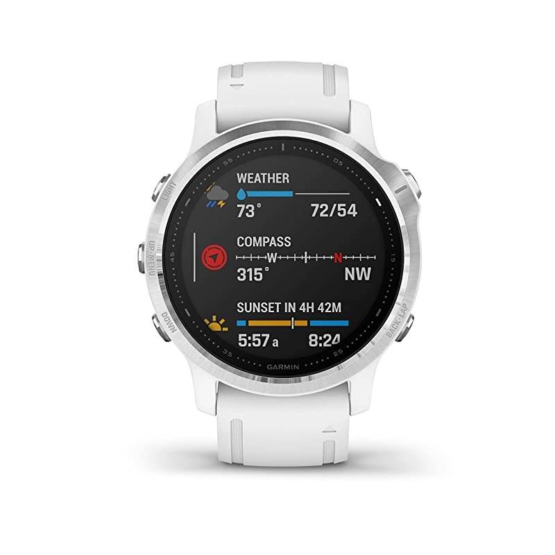 Garmin Fenix 6S Smaller-Sized Multisport GPS Watch with Wrist-Based Heart Rate Pulse Ox and  Ultimate Power Bundle (Standard/White with White Band)
