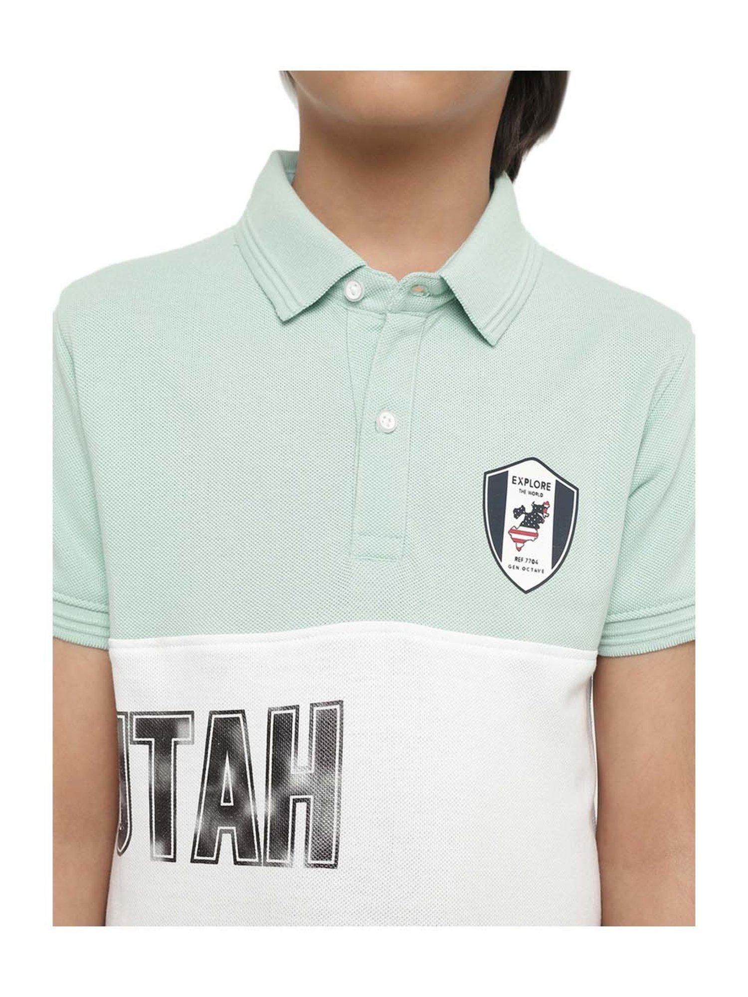 Octave Kids Dusty Mint & White Cotton Color Block Polo T-Shirt